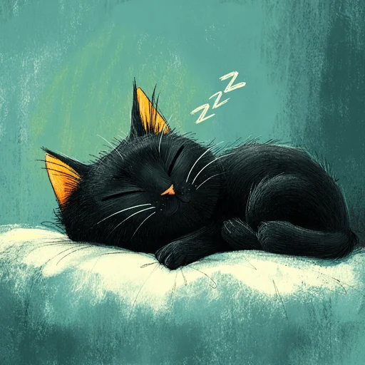 Спящая черная кошка на мягкой поверхности