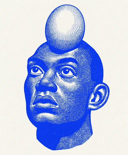 Артист на улице, балансирующий с мячом и яйцом синей тушью