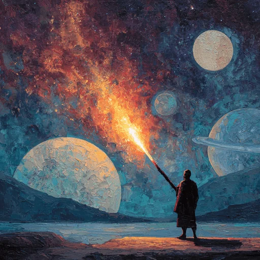 Галактический исследователь с факельным мечом на Земле