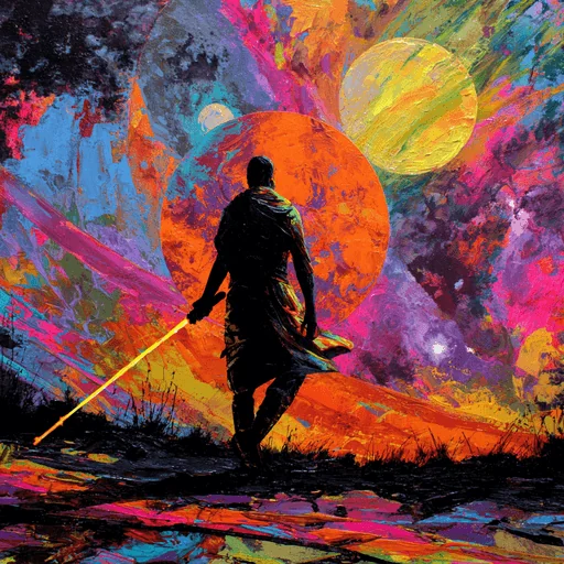 Галактический исследователь с факельным мечом на Земле