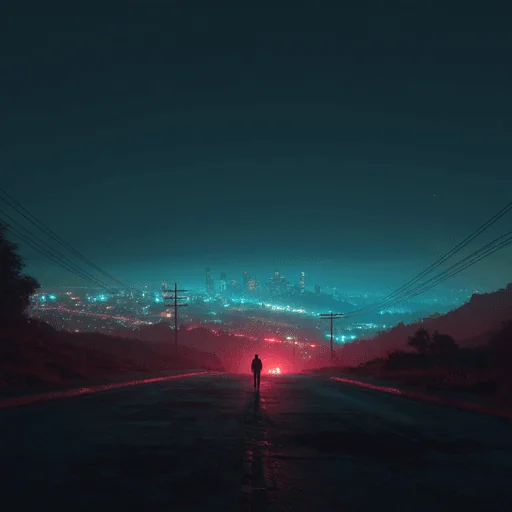 Силуэт на неоновой проселочной дороге ночью