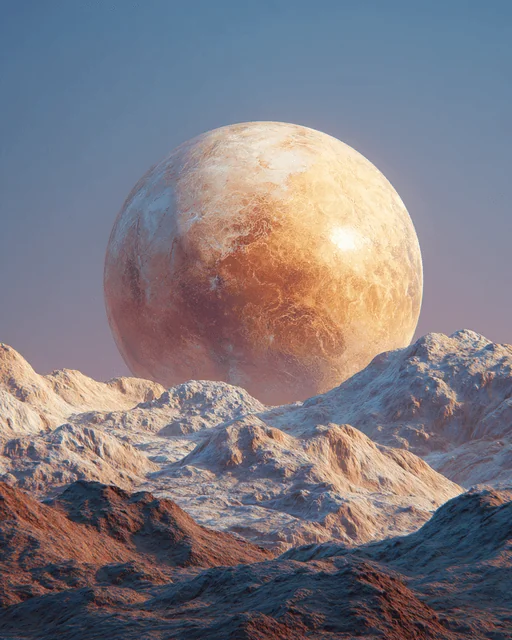 Огромная планета, похожая на Венеру, над скалистой местностью