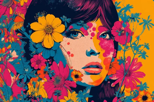 Яркое лицо женщины с разноцветными цветами