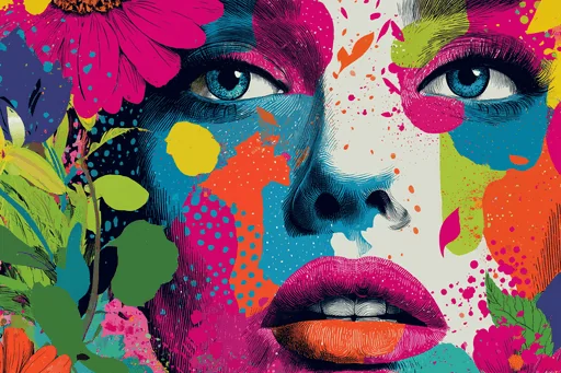 Яркое лицо женщины с разноцветными цветами