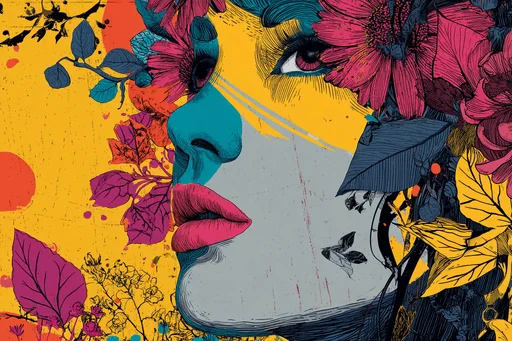 Яркое лицо женщины с разноцветными цветами