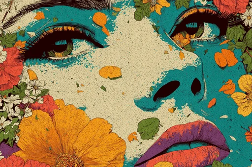 Яркое лицо женщины с разноцветными цветами