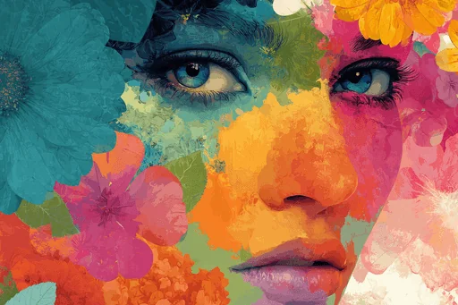 Яркое лицо женщины с разноцветными цветами