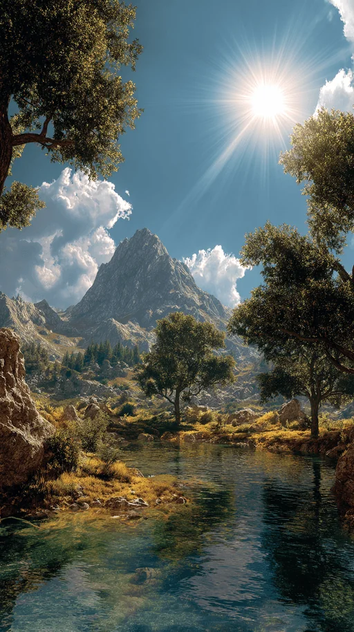 Солнечные горные вершины с лесистой долиной