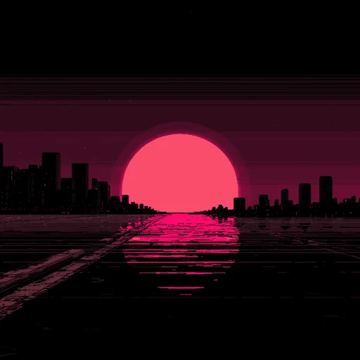 16-битный розовый закат над футуристическим городским пейзажем