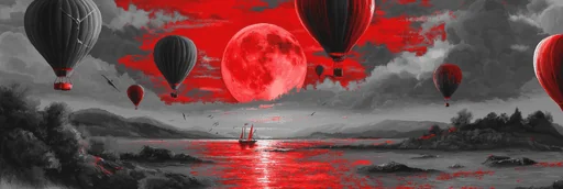 Кровавая Луна и Черно-Белые Воздушные Шары Над Пляжем