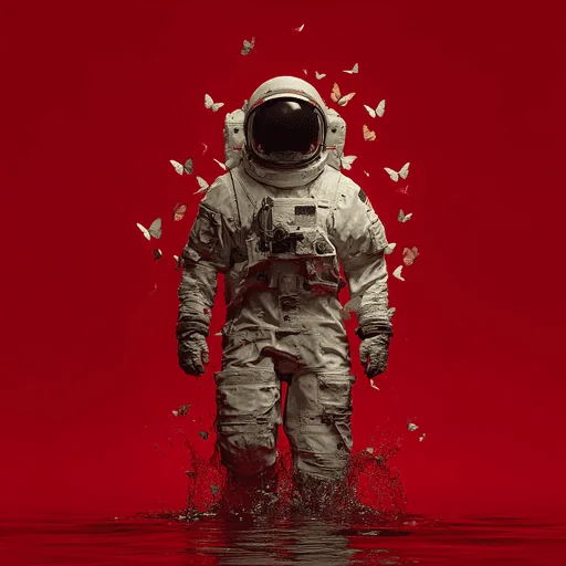 Астронавт, идущий по воде, окружённый бабочками