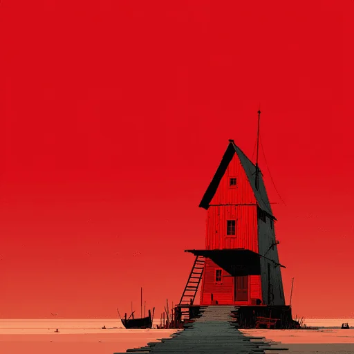 Минималистичный Красный Деревенский Дом у Воды