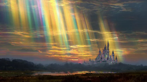 Радужный замок под яркими огнями северного сияния