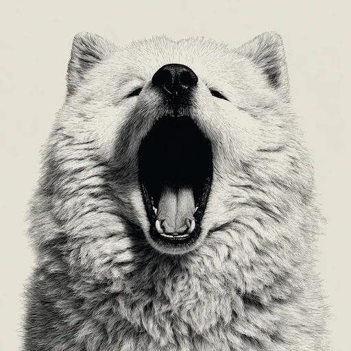 Белая пушистая собака в крупном плане зевает