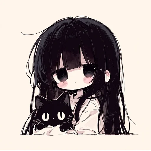 Чиби Девочка с Черной Кошкой